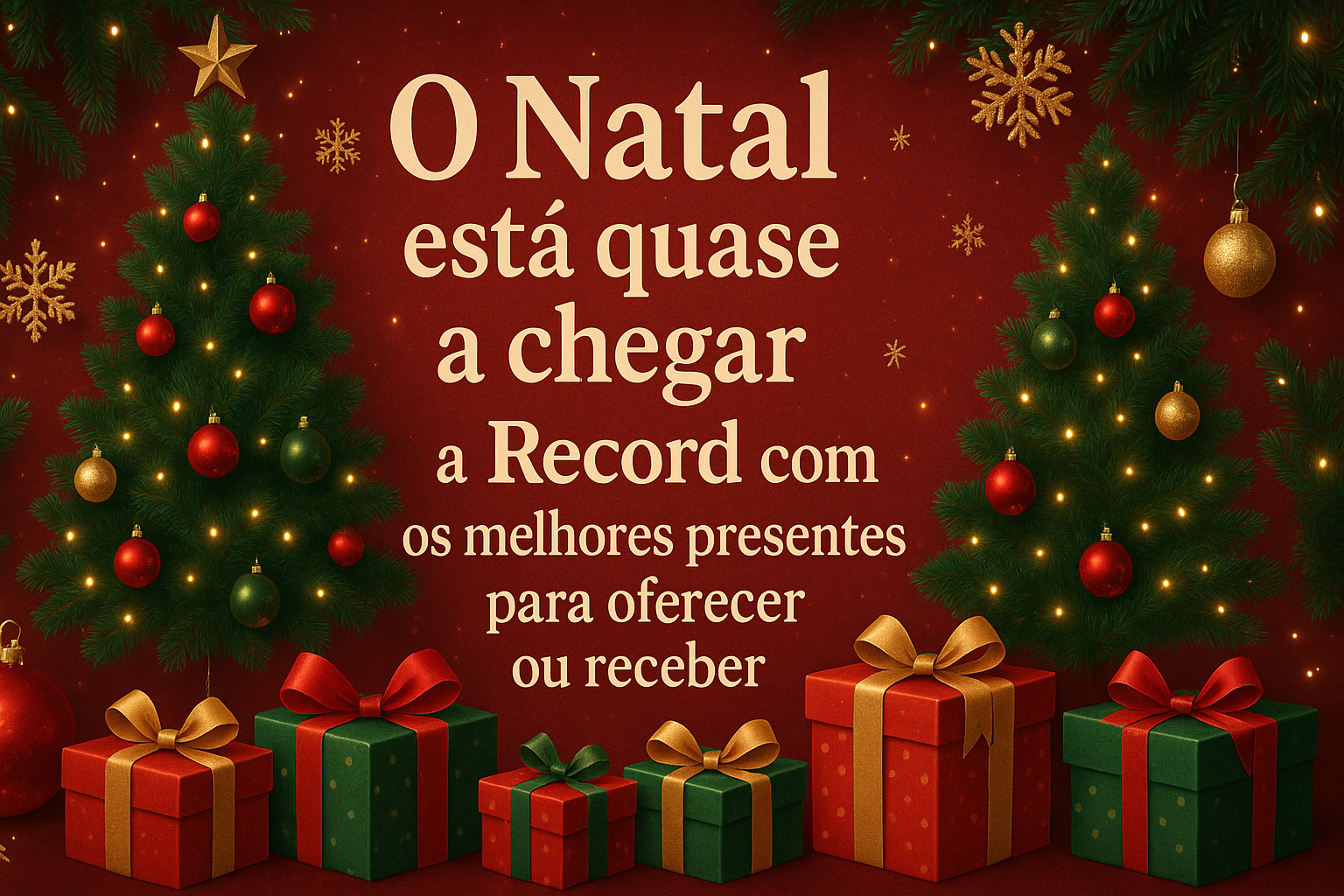 Cria uma imagem alusiva ao Natal, com o texto   O Natal está quase a chegar a Record com os melhores presentes param oferecer ou receber